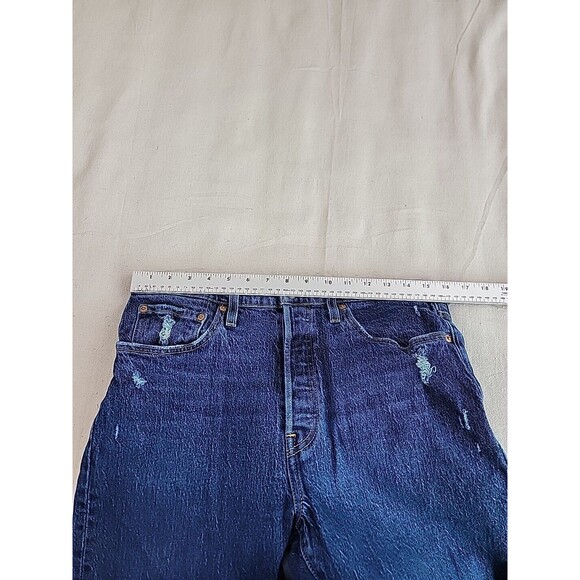 Levis 501 Jeans Mens 32x286 Dark Blue Button Fly Distressed Mid Rise Stretch - Picture 6 of 14